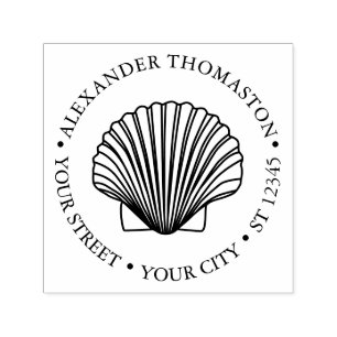 Scallop Shell #3 Seashore Beach Round Name Address Self-inking Stamp