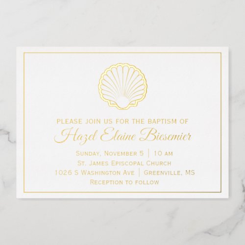 Scallop Shell Baptism Invitation Border Horizontal Foil Invitation