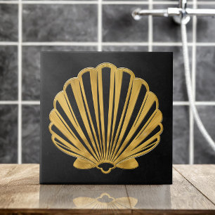 Scallop Shell - Black Marble and Gold Ceramic Tile
