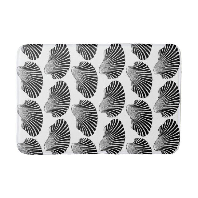 Scallop Shell Block Print, Black and White Bathroom Mat (Front)