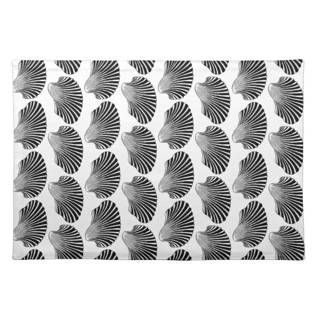 Scallop Shell Block Print, Black and White  Cloth Placemat (Front)