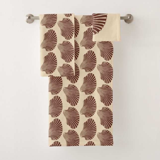 Scallop Shell Block Print, Brown and Beige Bath Towel Set (Insitu)