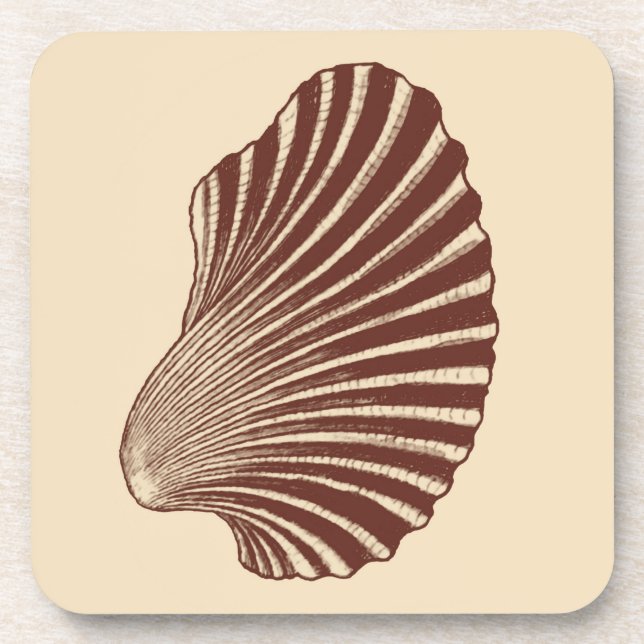 Scallop Shell Block Print, Brown and Beige Beverage Coaster (Front)