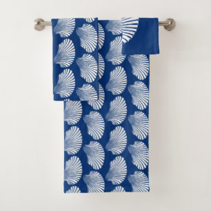 Scallop Shell Block Print, Cobalt Blue and White  Bath Towel Set