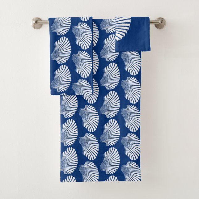 Scallop Shell Block Print, Cobalt Blue and White  Bath Towel Set (Insitu)