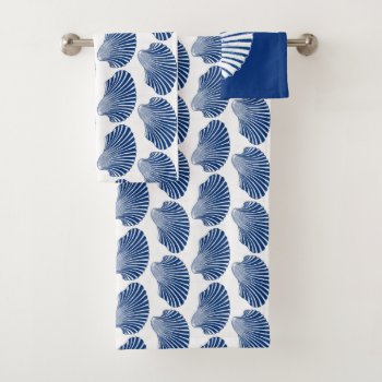 Scallop Shell Block Print  Cobalt Blue And White Bath Towel Set by Floridity at Zazzle
