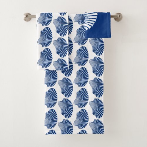 Scallop Shell Block Print Cobalt Blue and White Bath Towel Set