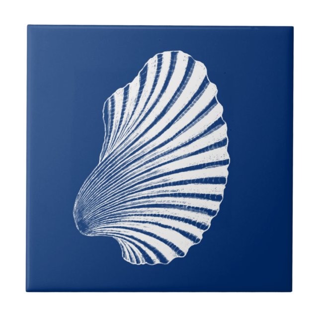 Scallop Shell Block Print, Cobalt Blue and White  Ceramic Tile (Front)