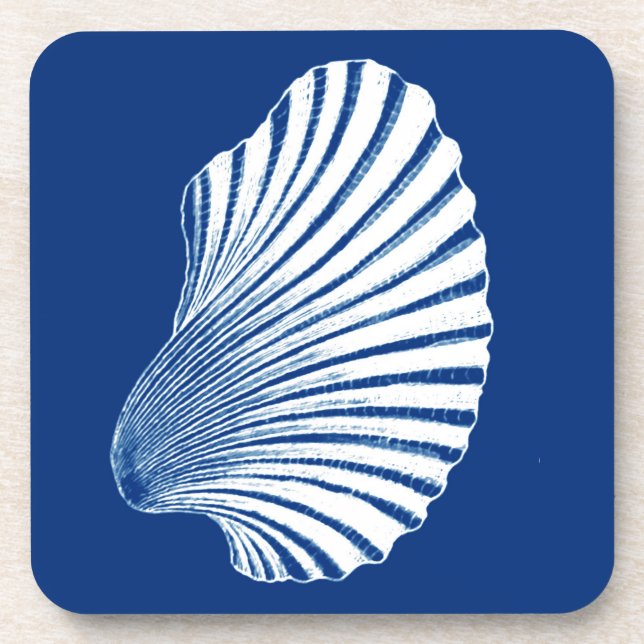 Scallop Shell Block Print, Cobalt Blue and White Drink Coaster (Front)