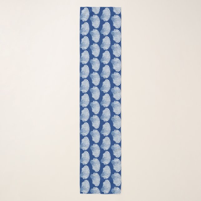 Scallop Shell Block Print, Cobalt Blue and White Scarf (Front)