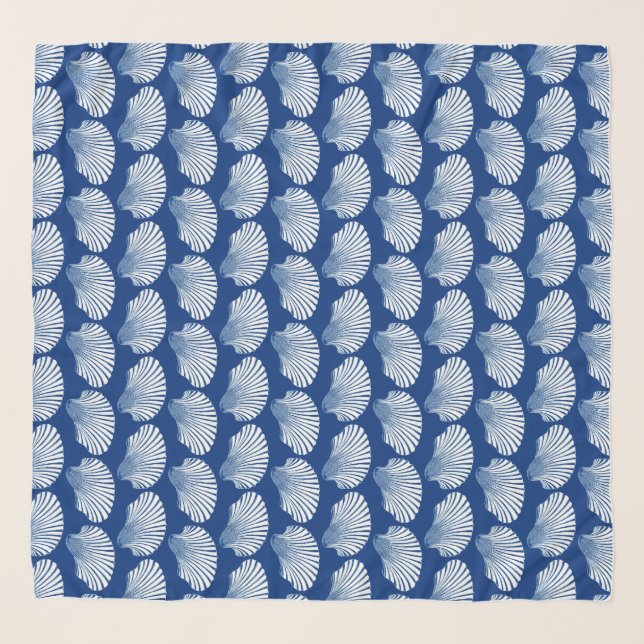 Scallop Shell Block Print, Cobalt Blue and White Scarf (Front)