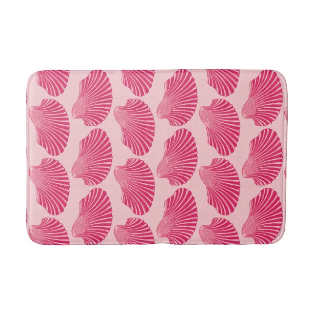 Scallop Shell Block Print, Fuchsia and Pale Pink Bathroom Mat (Front)