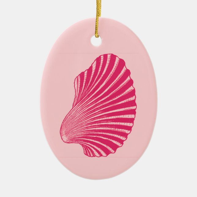 Scallop Shell Block Print, Fuchsia and Pale Pink  Ceramic Ornament (Front)