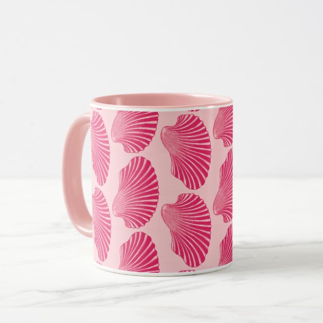 Scallop Shell Block Print, Fuchsia and Pale Pink  Mug (Front Left)