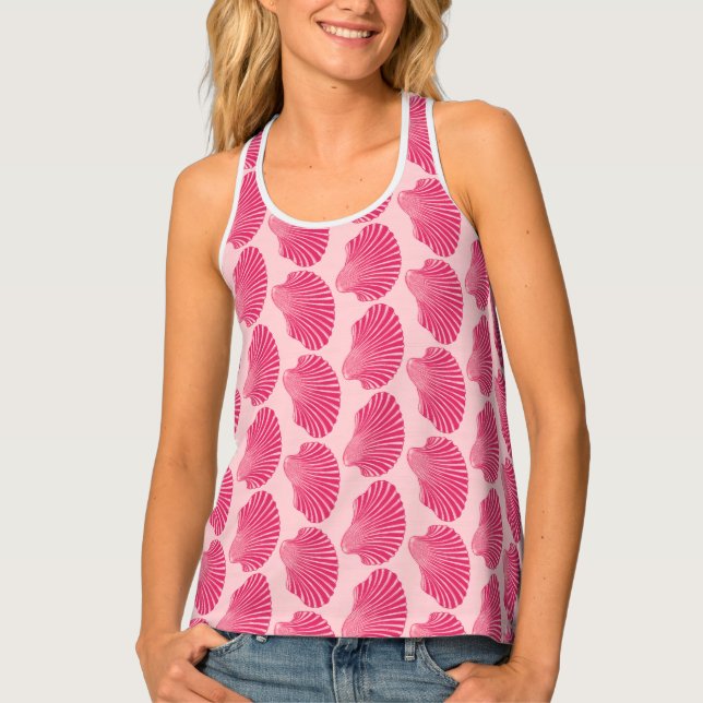 Scallop Shell Block Print, Fuchsia and Pale Pink Tank Top (Front)