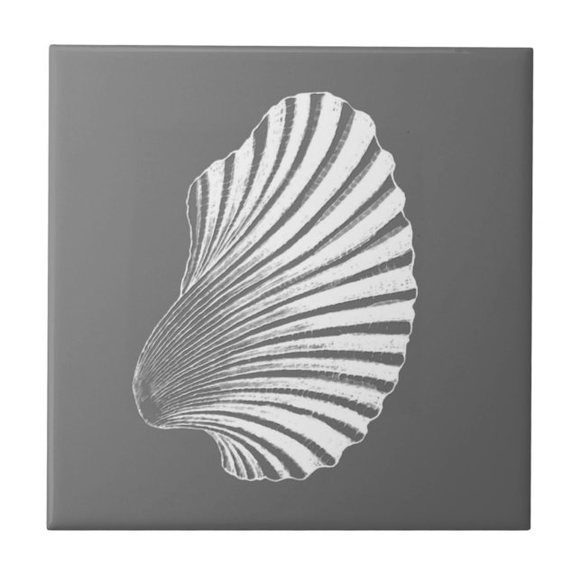 Scallop Shell Block Print, Gray and White  Ceramic Tile (Front)