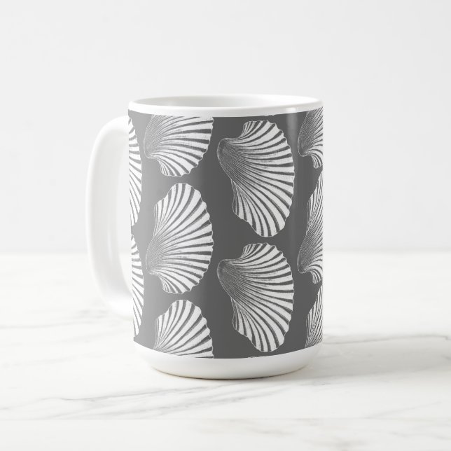 Scallop Shell Block Print, Gray and White  Coffee Mug (Front Left)