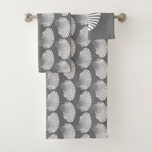 Scallop Shell Block Print Gray  Grey and White Bath Towel Set