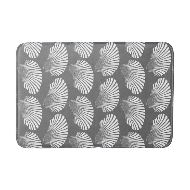 Scallop Shell Block Print, Gray / Grey and White Bathroom Mat (Front)