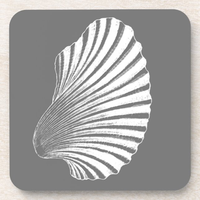 Scallop Shell Block Print, Gray / Grey and White Drink Coaster (Front)