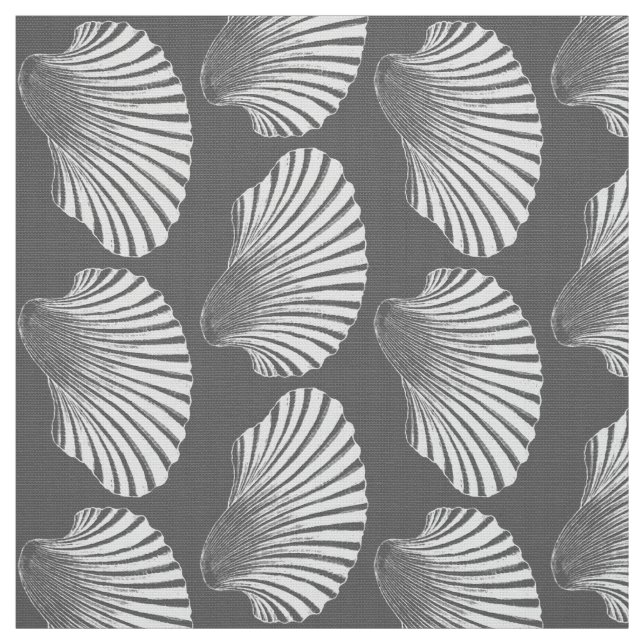 Scallop Shell Block Print, Gray / Grey and White Fabric (Swatch)