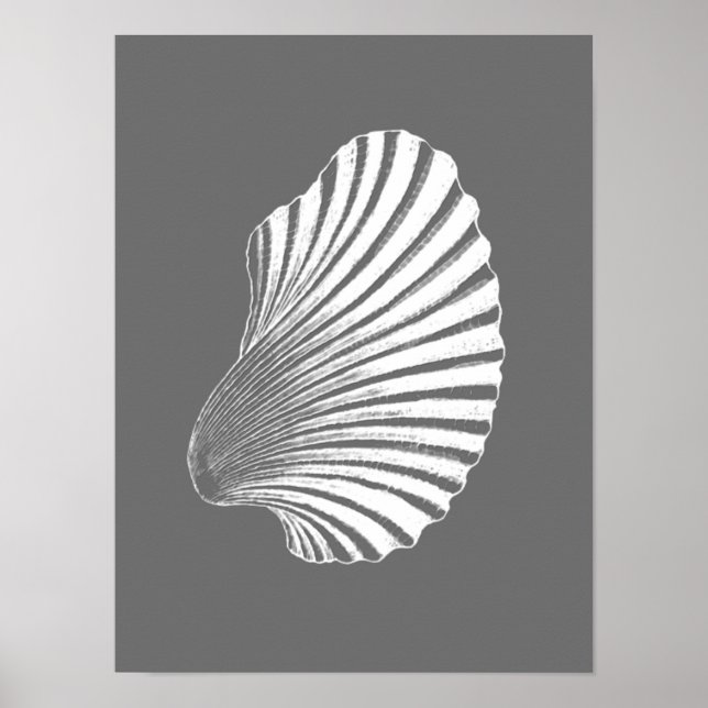 Scallop Shell Block Print, Gray / Grey and White Poster (Front)
