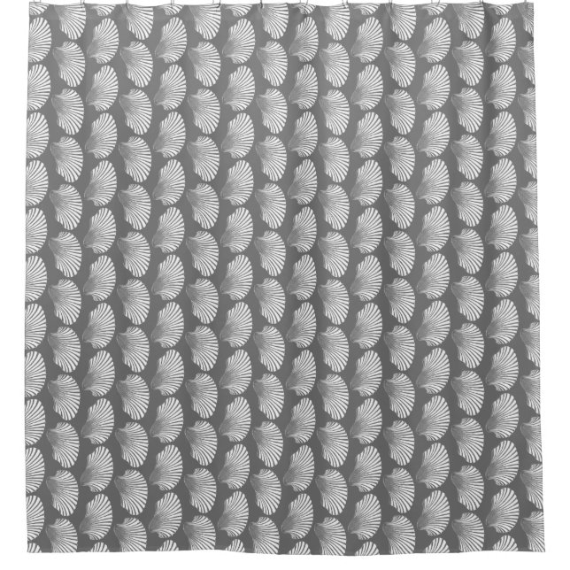 Scallop Shell Block Print, Gray / Grey and White Shower Curtain (Front)