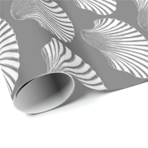 Scallop Shell Block Print Gray  Grey and White Wrapping Paper