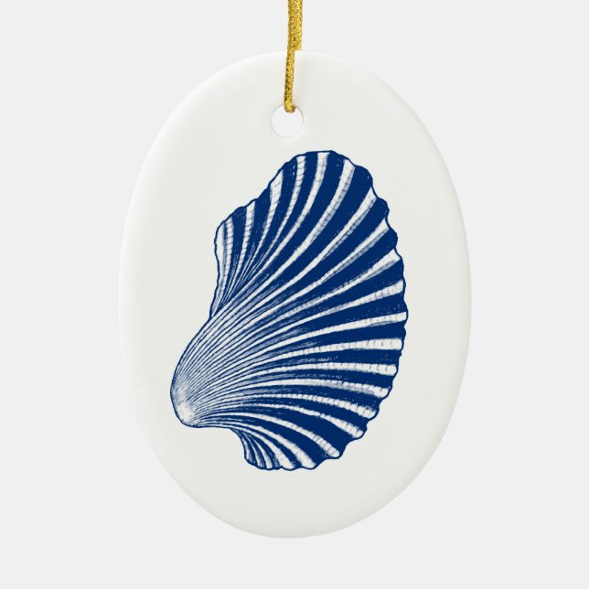 Scallop Shell Block Print, Indigo and White  Ceramic Ornament (Front)