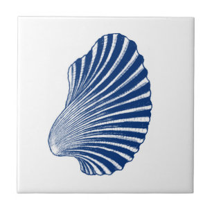 Scallop Shell Block Print, Indigo and White  Ceramic Tile