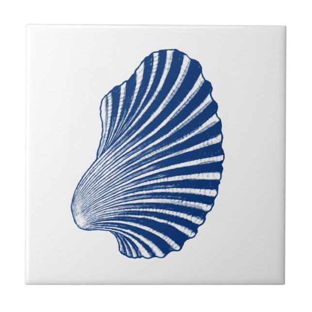 Scallop Shell Block Print, Indigo and White  Ceramic Tile (Front)