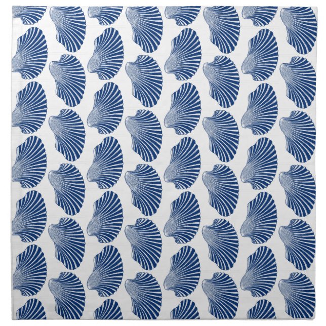 Scallop Shell Block Print, Indigo and White  Cloth Napkin (Front)