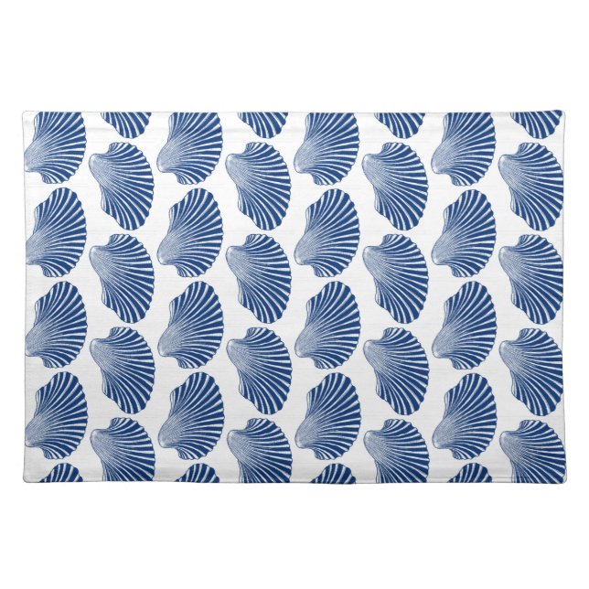 Scallop Shell Block Print, Indigo and White  Cloth Placemat (Front)