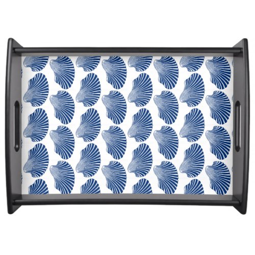 Scallop Shell Block Print Indigo and White  Serving Tray