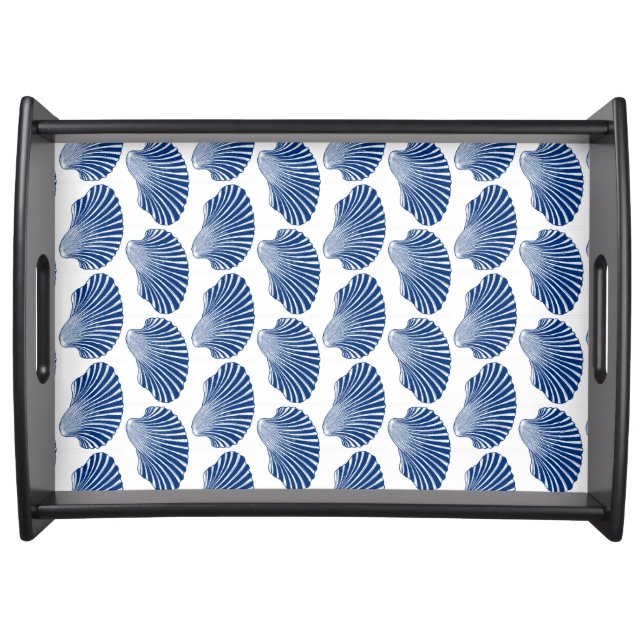 Scallop Shell Block Print, Indigo and White  Serving Tray (Front)