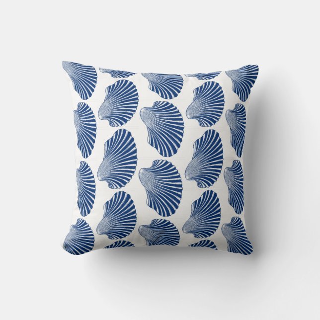 Scallop Shell Block Print, Indigo and White  Throw Pillow (Front)
