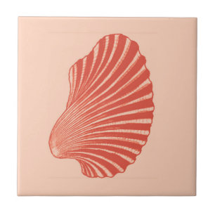 Scallop Shell Block Print, Light Coral Orange Ceramic Tile