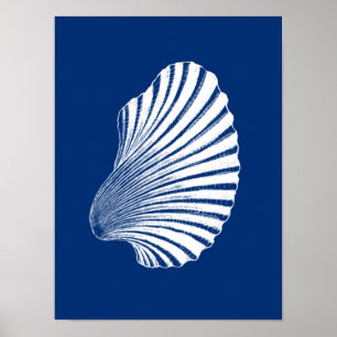 Scallop Shell Block Print, Navy Blue and White Poster