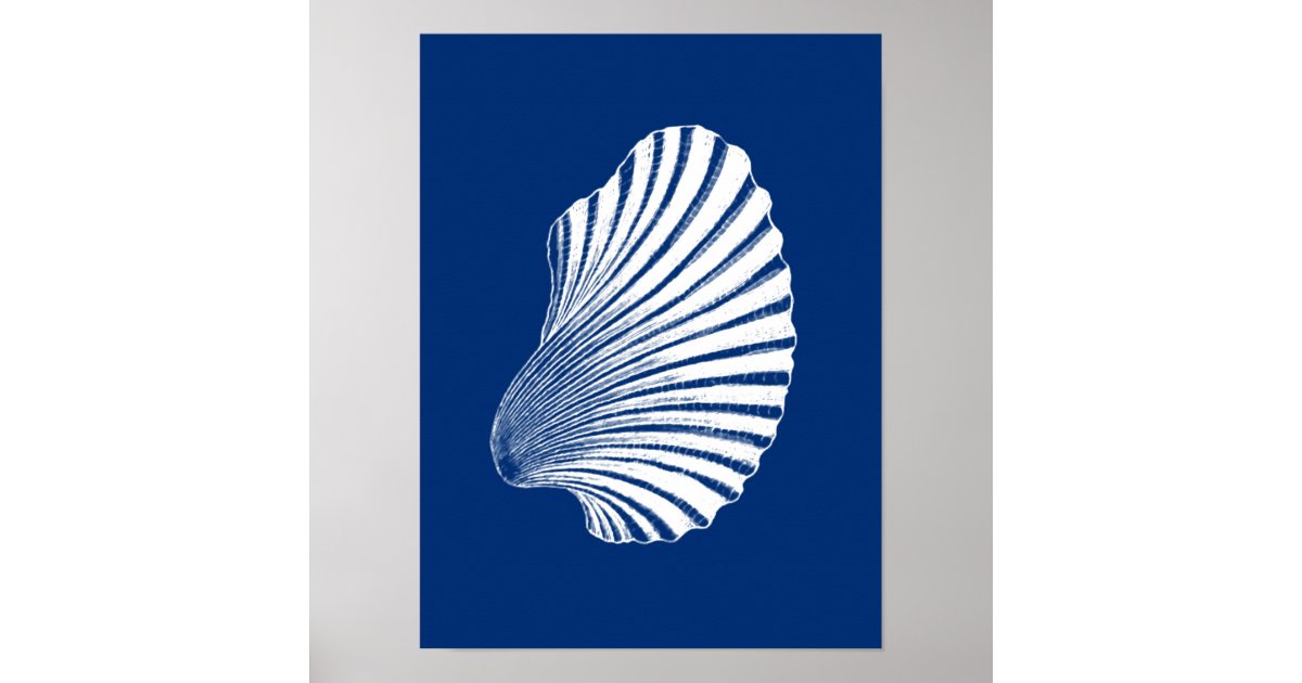 Scallop Shell Poster Scallop Shell Block Print, Navy Blue and White Poster | Zazzle