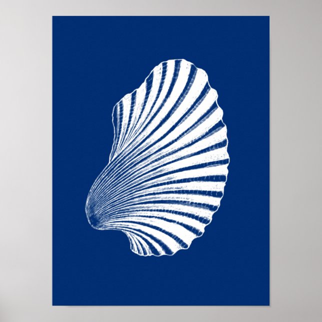 Scallop Shell Block Print, Navy Blue and White Poster (Front)
