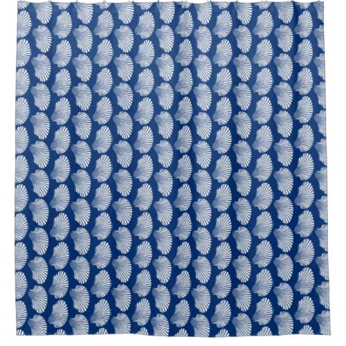 Scallop Shell Block Print Navy Blue and White Shower Curtain
