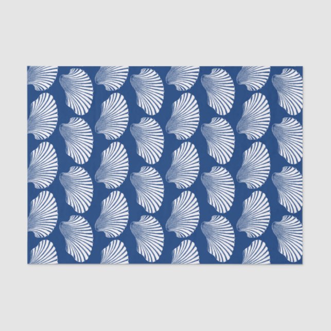 Scallop Shell Block Print, Navy Blue and White Tissue Paper (Front)