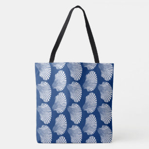 Scallop Shell Block Print, Navy Blue and White Tote Bag