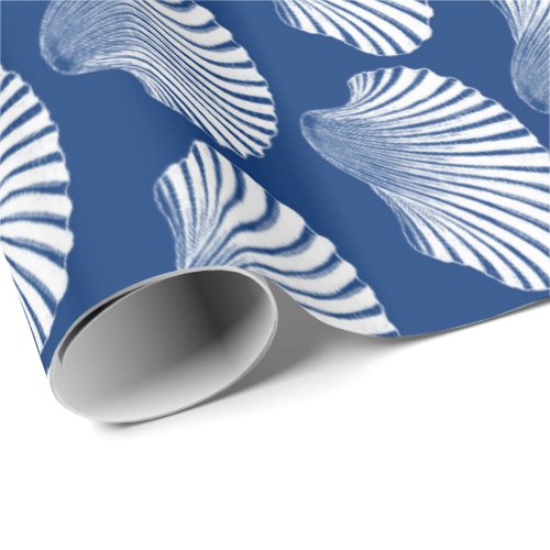 Scallop Shell Block Print Navy Blue and White Wrapping Paper