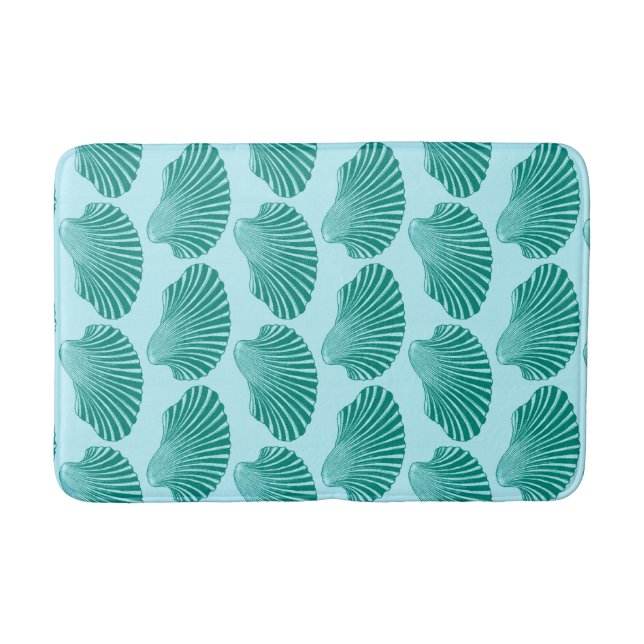 Scallop Shell Block Print, Turquoise and Aqua Bath Mat (Front)