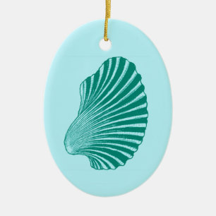 Scallop Shell Block Print, Turquoise and Aqua Ceramic Ornament