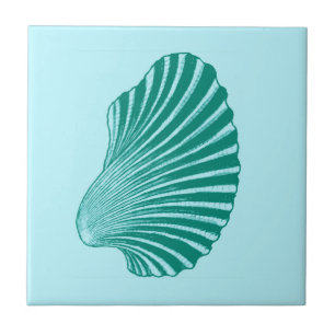 Scallop Shell Block Print, Turquoise and Aqua   Ceramic Tile