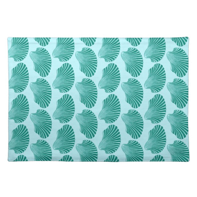Scallop Shell Block Print, Turquoise and Aqua  Cloth Placemat (Front)