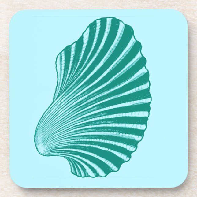 Scallop Shell Block Print, Turquoise and Aqua Drink Coaster (Front)