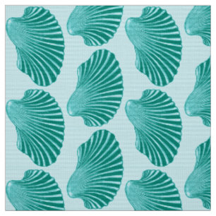 Scallop Shell Block Print, Turquoise and Aqua Fabric